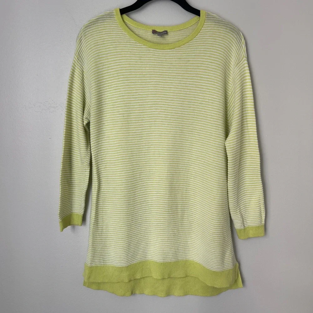 Talbots Striped Tunic‎ Sweater in Kiwi/White Elbow Patches 3/4 Sleeve Sz Small P